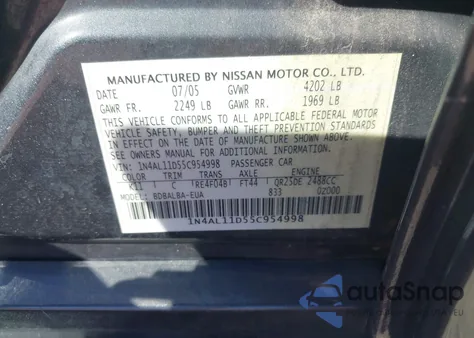 2005 Nissan Altima 2.5 S from USA, damaged, VIN 1N4AL11D55C954998